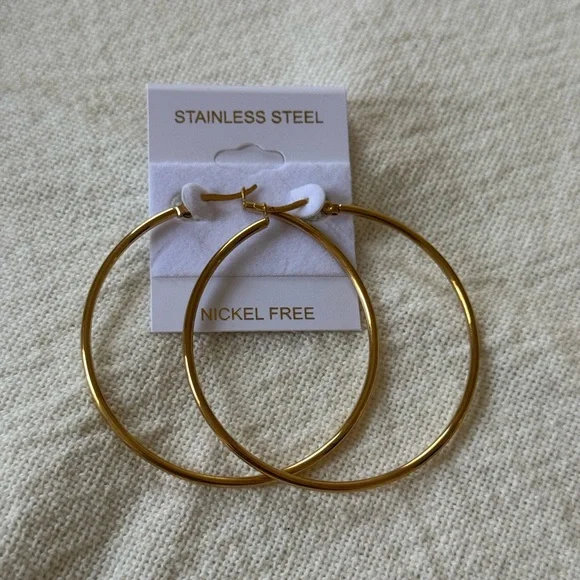 Gold Stainless Steel Hoop Earrings - Picture 2 of 2